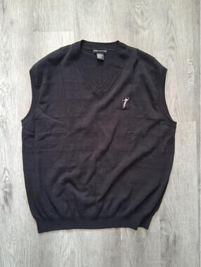 Fairway Outfitters Mens XL Black Cotton V-Neck Golf Sweater Vest Grid Texture